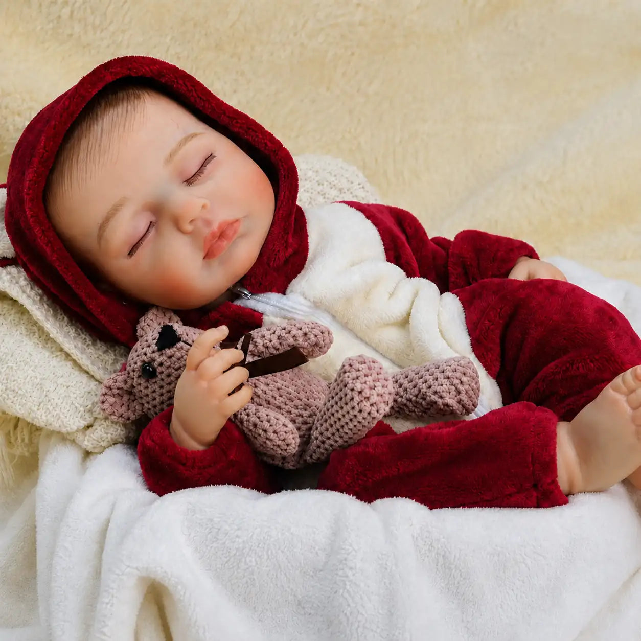 A sleeping reborn baby doll in a red hooded onesie, clutching a crocheted pink bear, nestled in a cream knit blanket.