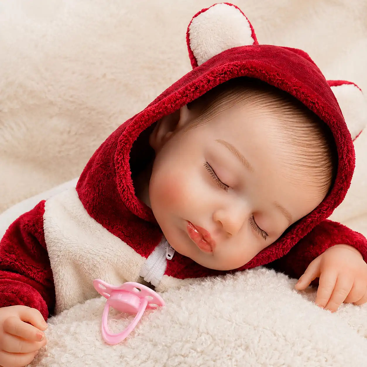 A sleeping baby doll in a red hooded onesie with bear ears, resting on a light blanket with a pink pacifier.