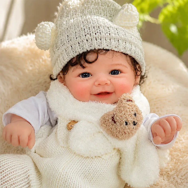 Full Silicone Reborn Baby Doll with lifelike skin, realistic features, and a sweet smiling expression.