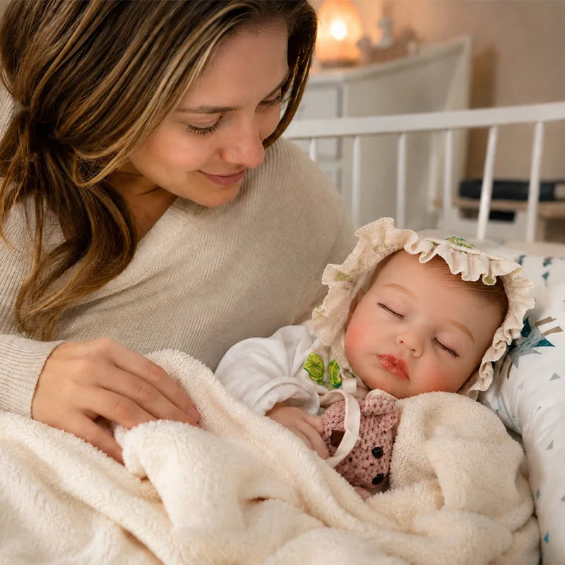 A smiling woman gently watches over a realistic sleeping reborn baby doll wearing a ruffled lemon-print bonnet, tucked under a soft cream blanket and holding a small knitted pink teddy bear in a cozy nursery.