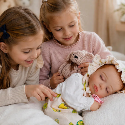 Two children smiling and playing with a sleeping reborn baby doll wrapped in a soft blanket, with a knitted teddy bear and pacifier nearby.
