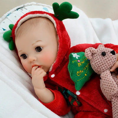 Interactive baby doll in a red Christmas outfit, perfect for feeding games, holiday play, and comforting role-play at home.