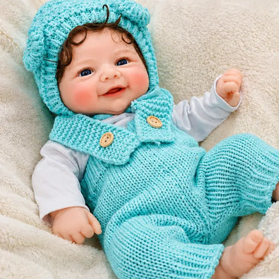 Full Silicone Reborn Baby Doll with Bright Blue Eyes, Rosy Cheeks, Curly Brown Hair, and Tiny Toes