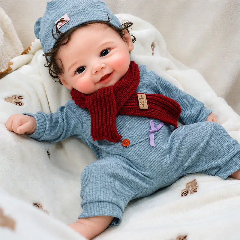 Full Silicone Reborn Baby Doll with Blue Eyes, Curly Brown Hair, Rosy Cheeks, and Tiny Bare Feet