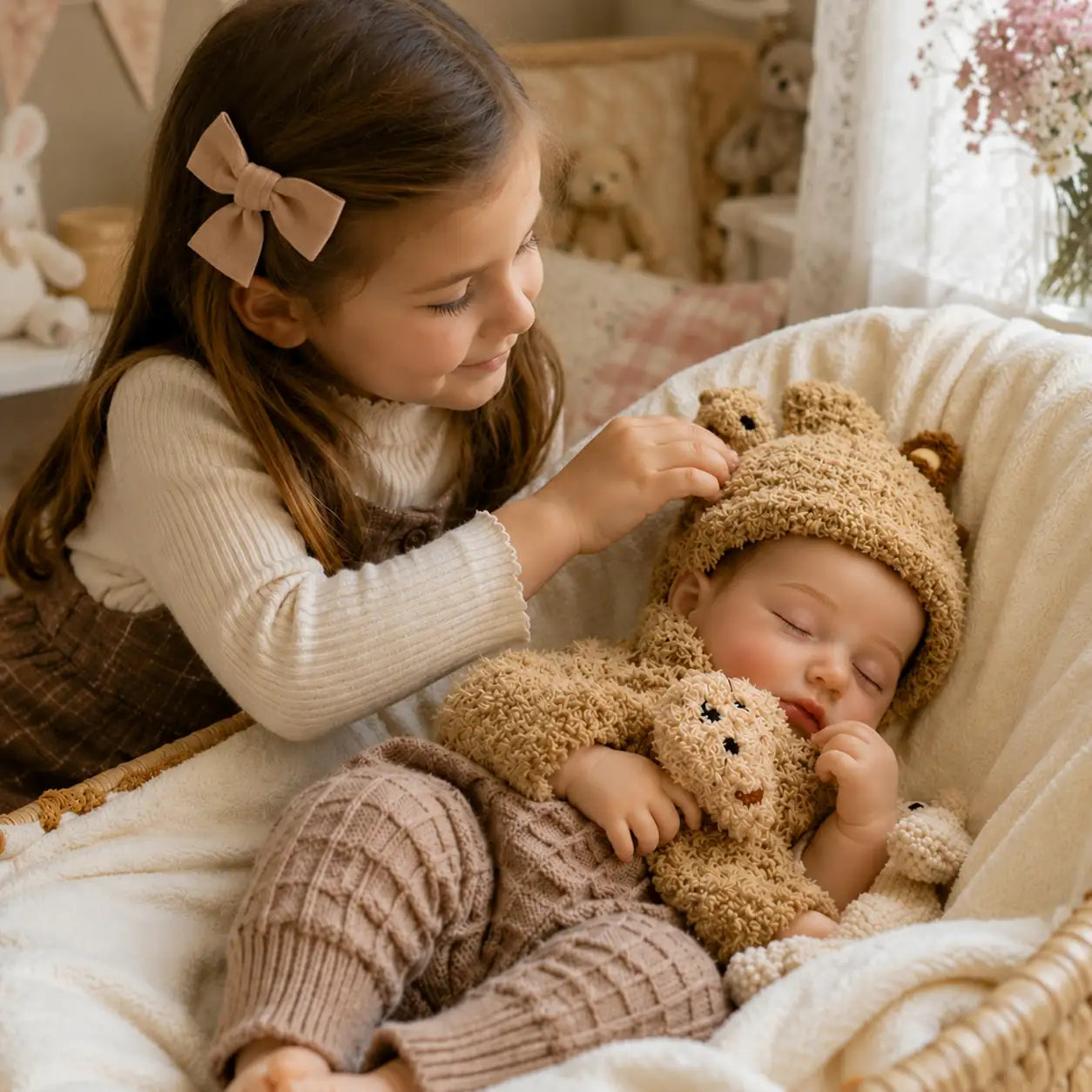 A young girl with a beige bow in her hair gently plays with a sleeping reborn baby doll dressed in a teddy bear outfit, lying in a cozy cream-colored basket surrounded by soft blankets and plush toys in a warm nursery setting.