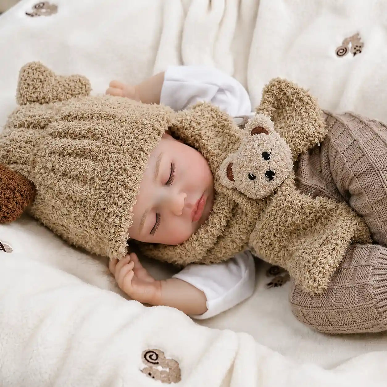 A realistic sleeping reborn baby doll dressed in a fuzzy teddy bear hood and scarf lies on a soft cream blanket, wearing taupe knitted pants and cuddling a small plush bear against its chest.