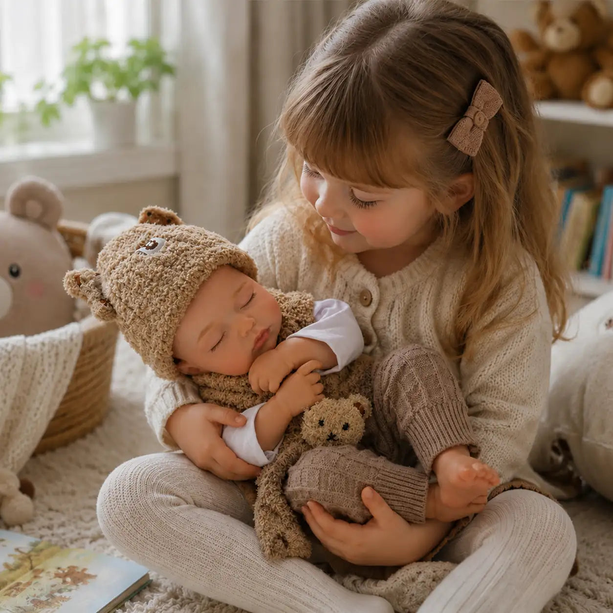 A young girl in cozy cream knitwear gently holds a realistic sleeping reborn baby doll dressed in a teddy bear hat, scarf, and knitted pants, sitting in a warm nursery surrounded by soft toys and blankets.
