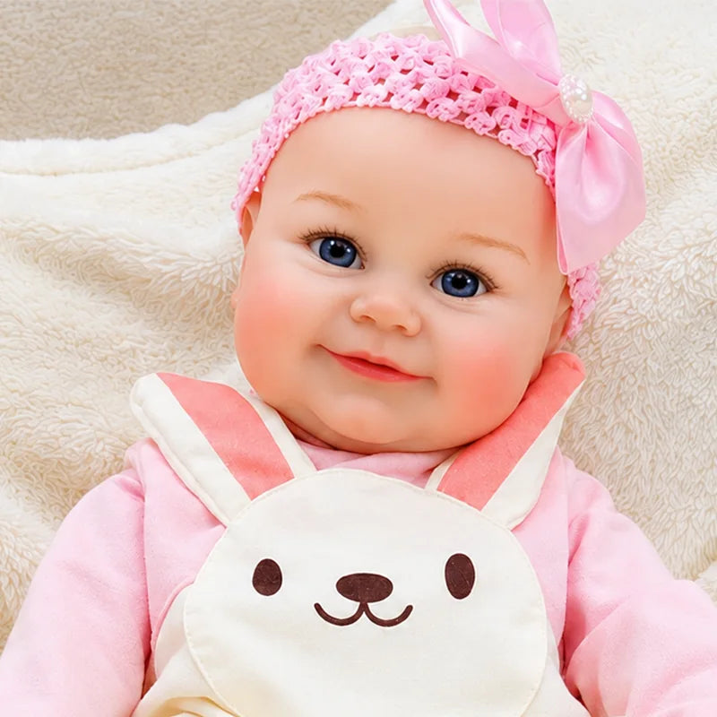 Smiling reborn baby girl dressed in a pink bunny outfit with a lace headband and pearl bow decoration.