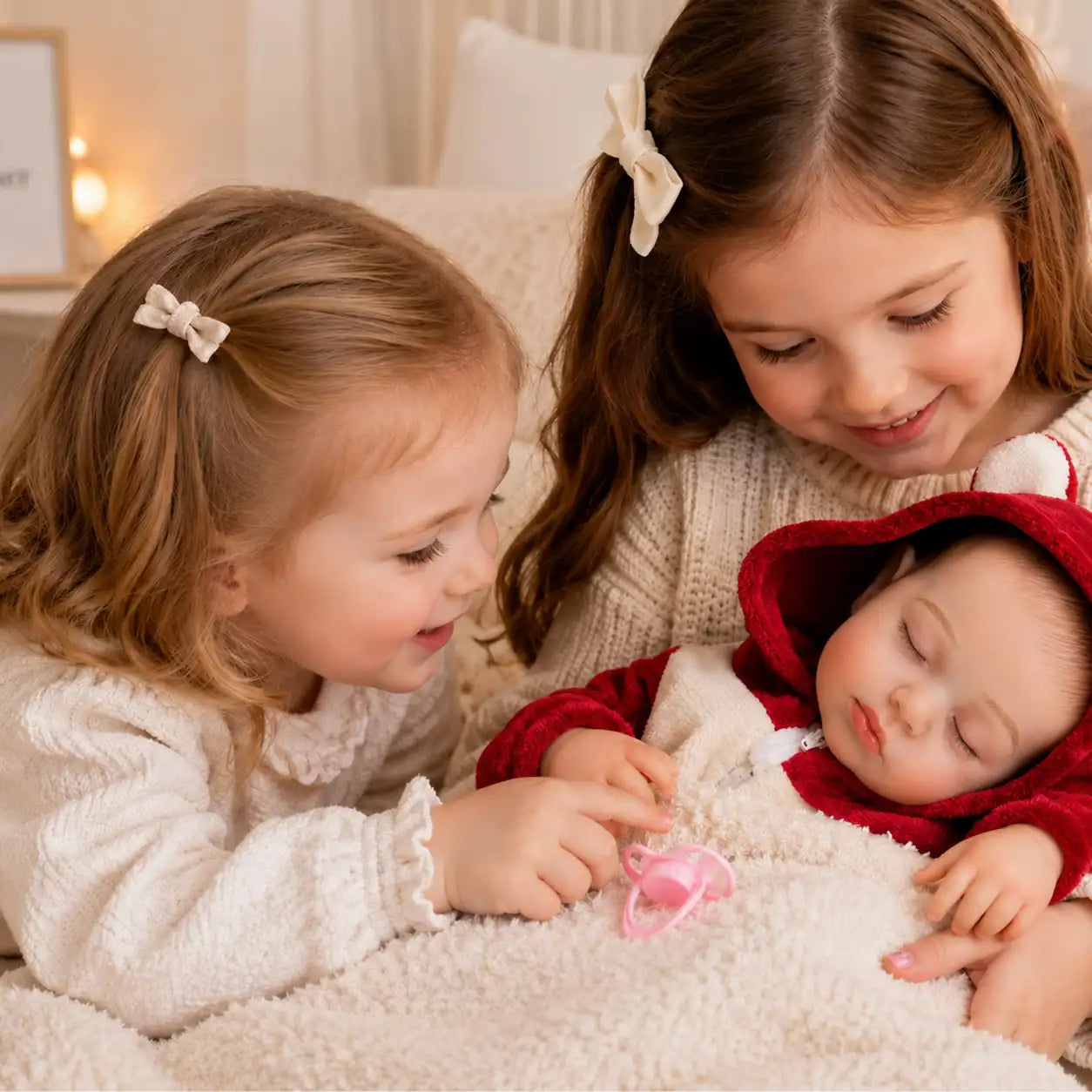 two girls playing with a lovely reborn baby doll