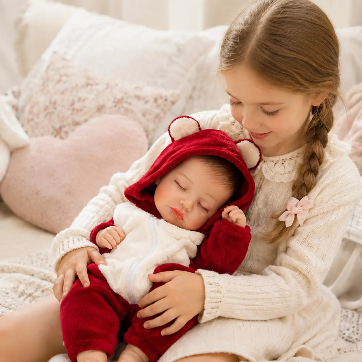 Realistic reborn baby doll showcase: A lifelike silicone baby doll wearing a red velvet bear-ear onesie is being held by a little girl, highlighting the doll's realistic sleeping expression and soft texture.