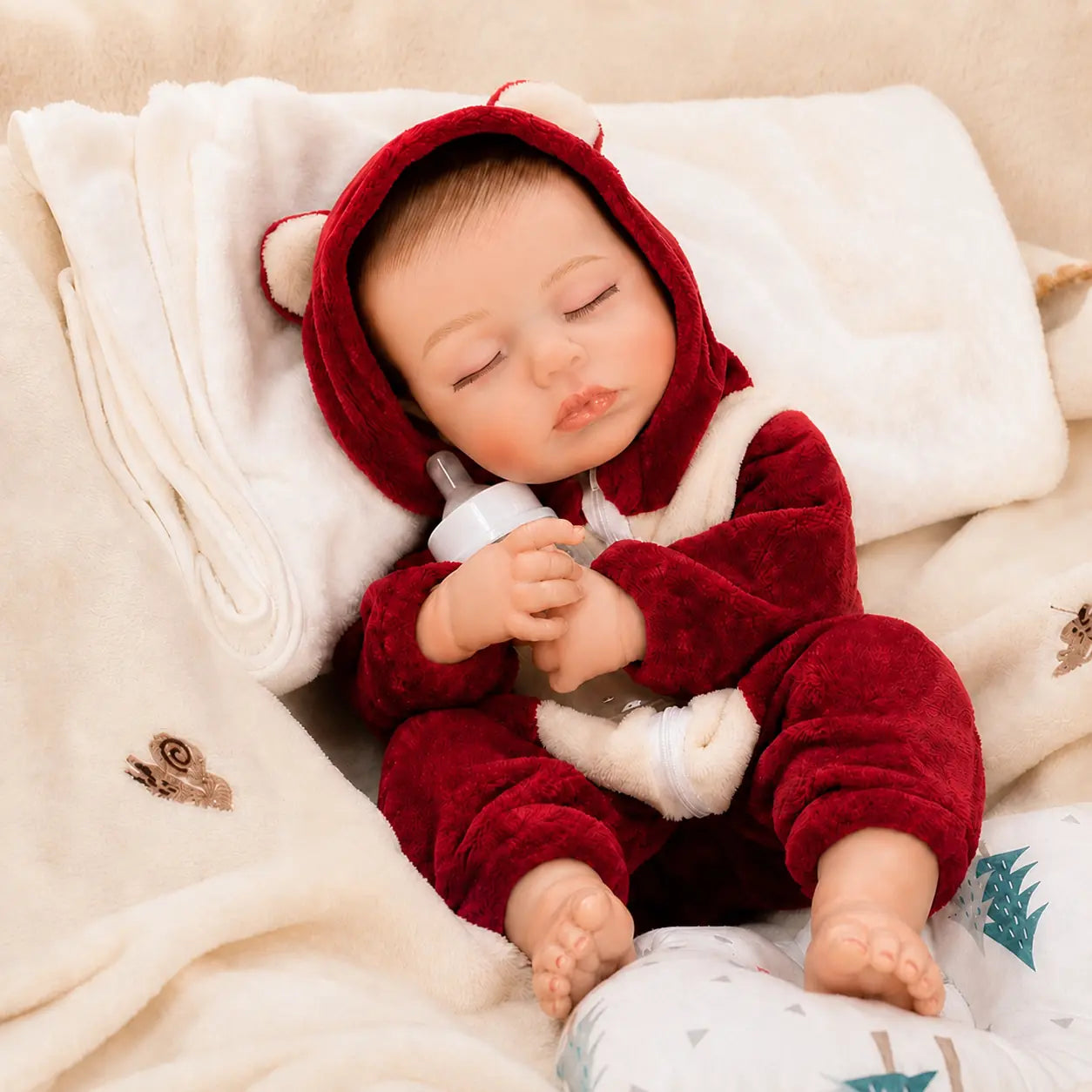 Lifelike silicone baby doll in a red bear costume holding a bottle, sleeping on a white cushion.