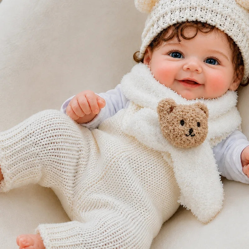 Full Silicone Reborn Baby Doll with bright blue-gray eyes, curly brown hair, rosy cheeks, and detailed hands and feet.