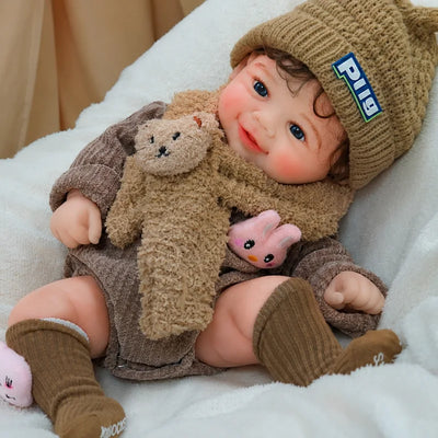 Full Silicone Reborn Baby Doll with Bright Blue Eyes, Curly Hair, Rosy Cheeks, and Tiny Hands