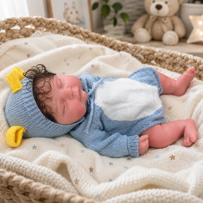 Full Silicone Reborn Baby Doll – Delicate closed eyes, curly hair, rosy cheeks, and tiny toes