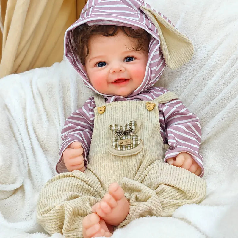 Full Silicone Reborn Baby Doll with Bright Blue Eyes, Curly Brown Hair, Rosy Cheeks, and Realistic Tiny Toes